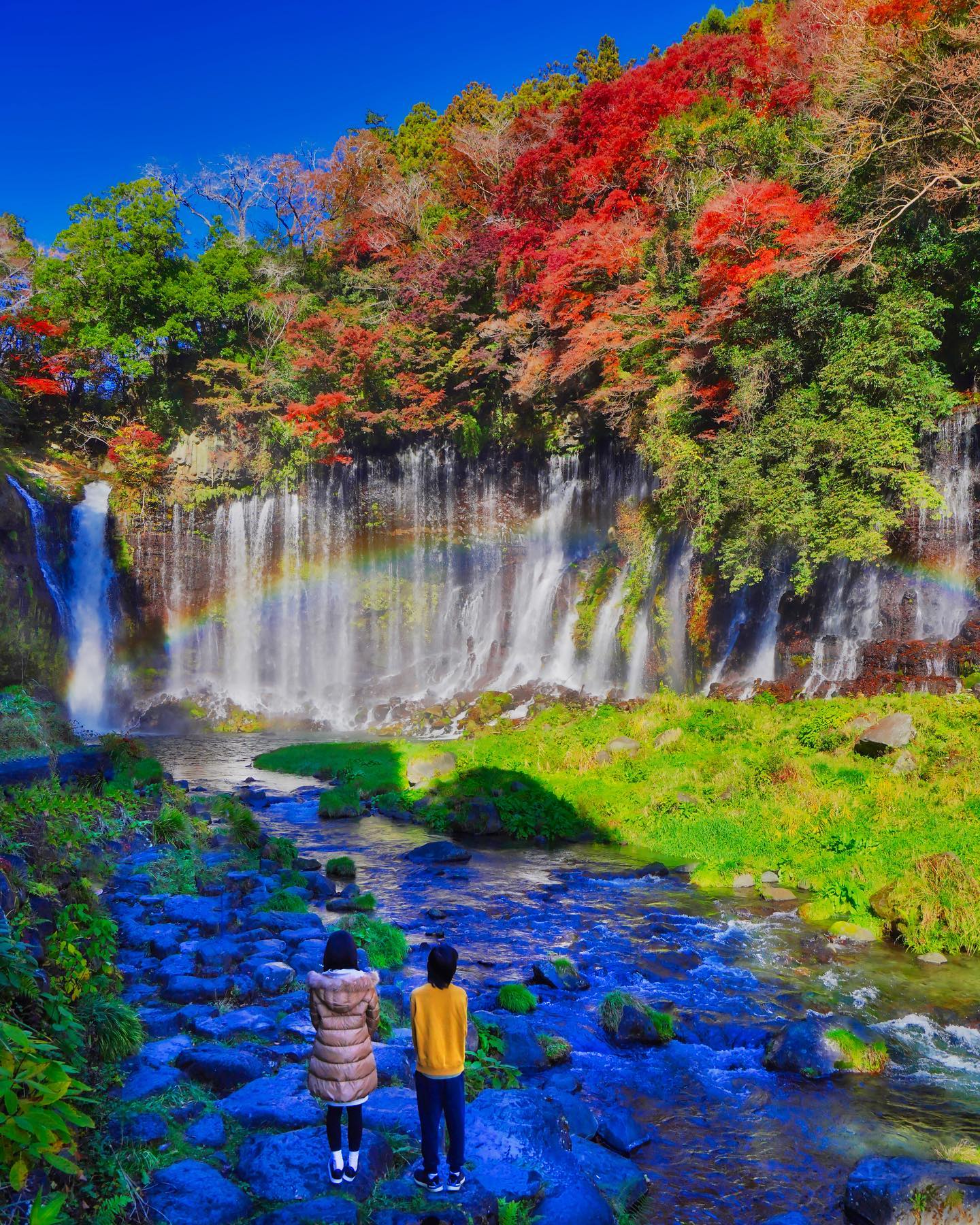 🇯🇵 【靜岡 Shizuoka】白絲瀑布
🌊 獲選為日本「觀光百選瀑布」第一名的白絲瀑布「白糸の滝」位於靜岡線的富士宮市
🍁 秋天伴隨紅黃深綠色彩，是靜岡著名紅葉名所，水氣折射形成的彩虹更增添浪漫氛圍
❤️ 水源主要來自富士山的天然湧水從 20 米高墜下的白絲瀑布，數百條的水流又薄又細緻，宛如絲緞一樣因而得名

#japantravel #shizuoka #靜岡 #富士宮 #karuizawashiraitofalls #白糸の滝 #白絲瀑布 #把世界當教室🌍 #travelwithmikeanna