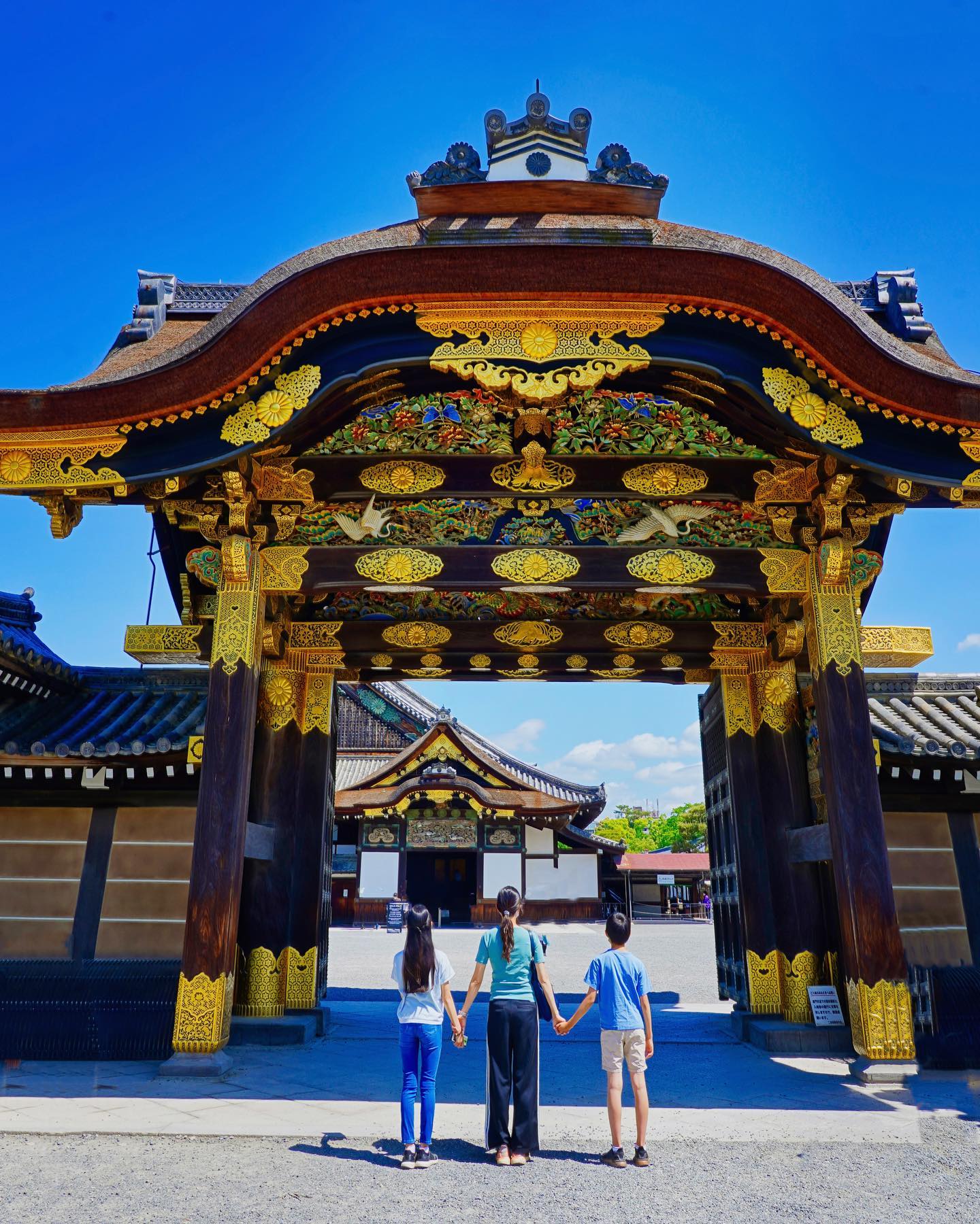 🇯🇵【京都 Kyoto】二条城
🏯 二条城是17世紀初，江戶幕府第一代將軍德川家康所建，作為名義上守護天皇及家族在京都的住所
⛩️Nijō Castle 二条城是見證德川家興衰與日本歷史的重要文化遺產 ，後來成為皇室的別墅，稱為「二條離宮」 ，1994年列入世界遺產
🏵圖一華麗的「唐門」是通往二之丸御殿的正門，貼有金箔裝飾非常氣派華麗。金碧輝煌的唐門是用檜柏樹皮所建成。門上雕刻著代表長壽的鶴及松竹梅，還有龍獅虎等猛獸守護御殿，展現當初幕府將軍欲凌駕在天皇之野心
🌳二之丸庭園是書院風格的池泉庭園，出自於小堀遠州之手，象徵神泉蓬萊世界的庭園，由複雜形狀的泉池搭配大小石頭所組成，又被稱為「八陣之庭」
#kyoto #京都 #二條城 #二条城 #二条城唐門 #把世界當教室 #牽手照系列👫 #travelwithmikeanna